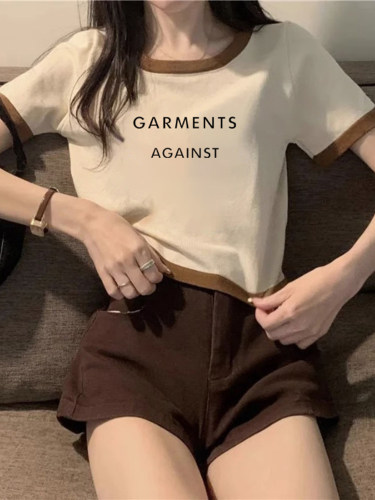 美式棉短袖正肩t恤女夏季设计感小众修身体恤短款上衣服2026新款 - 图1