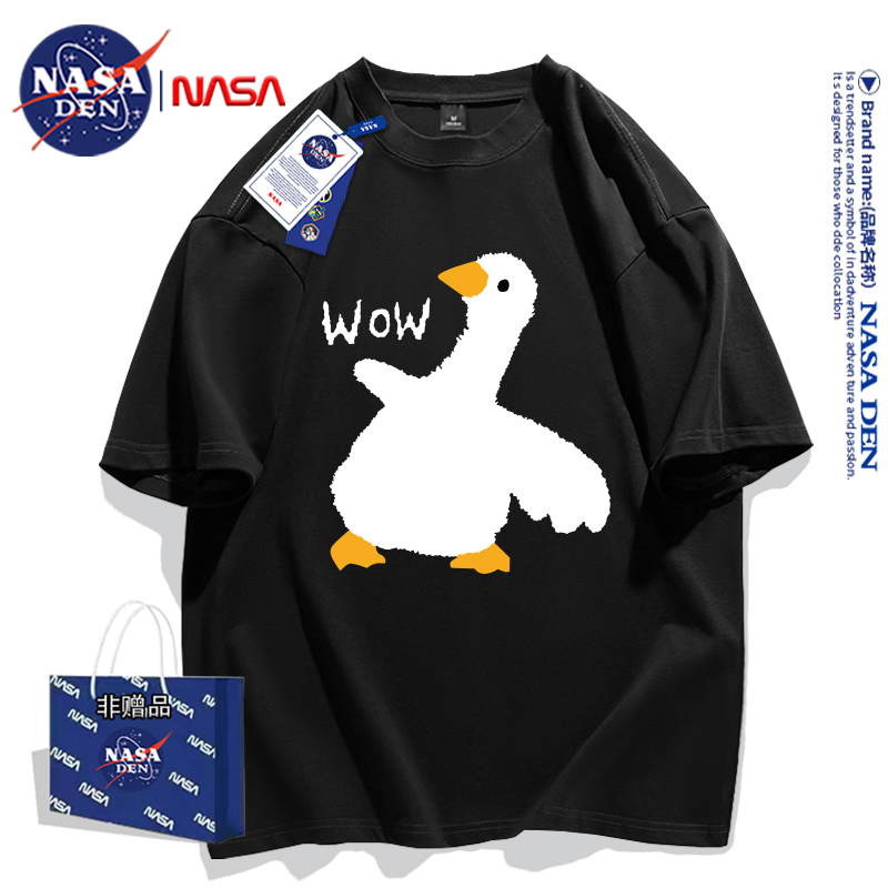 NASA联名潮牌美式百搭印花重磅纯棉五分袖慵懒风男女款短袖T恤 - 图1