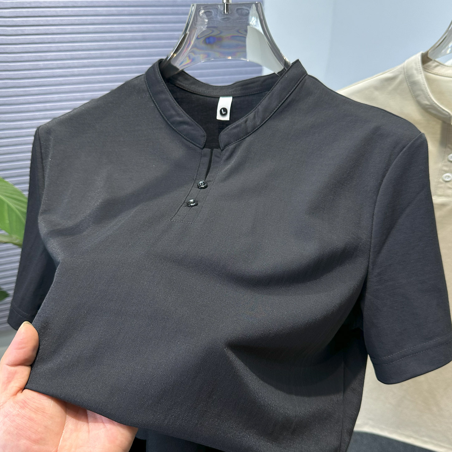 国风亨利领小V亚麻短袖t恤男夏季男装纯色百搭宽松休闲棉麻半袖潮