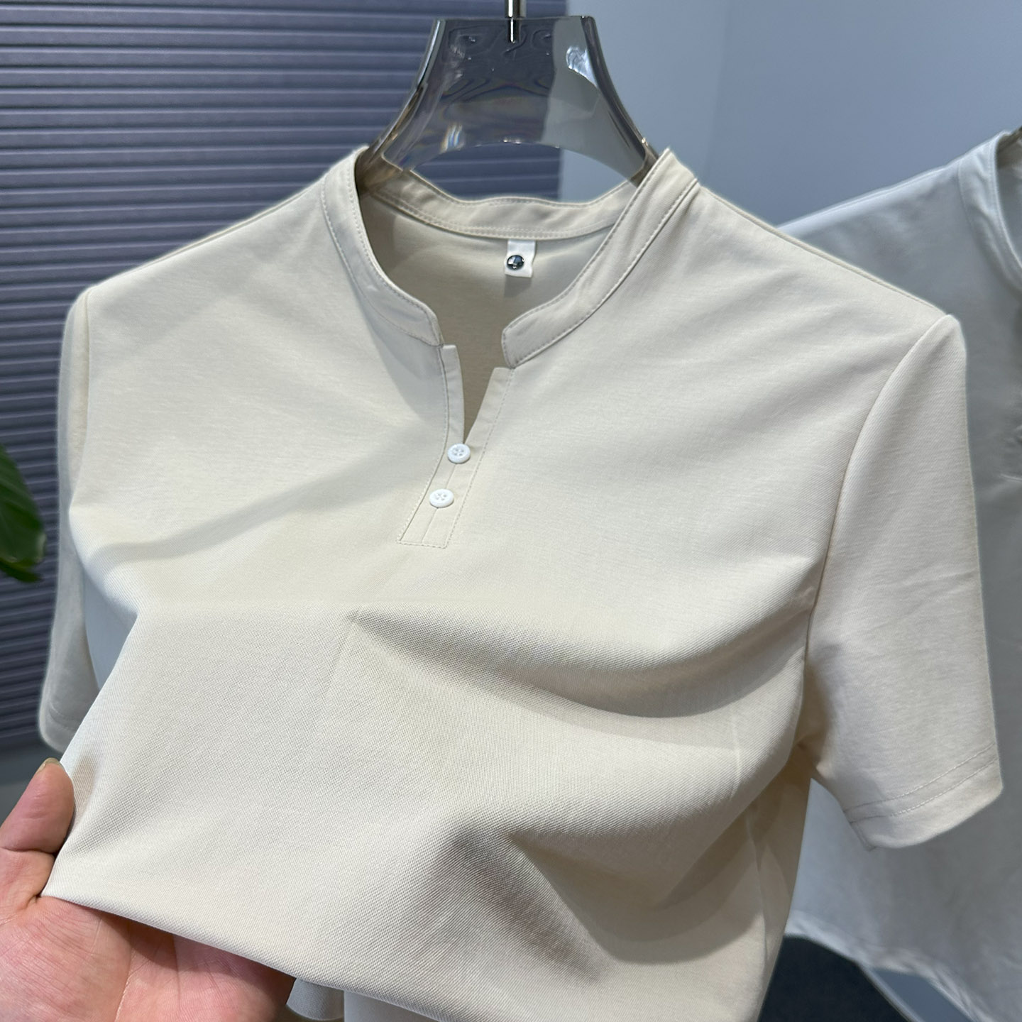 国风亨利领小V亚麻短袖t恤男夏季男装纯色百搭宽松休闲棉麻半袖潮