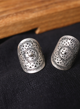 男女镀银民族风圆铜鼓手工戒指