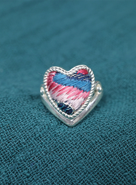 民族风苗银刺绣老绣蓝染戒指时尚