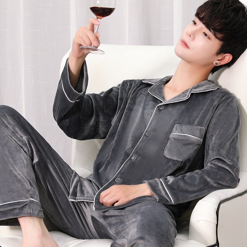 秋冬款男士春秋长袖海岛绒薄绒睡衣 淑女猫睡衣/家居服套装