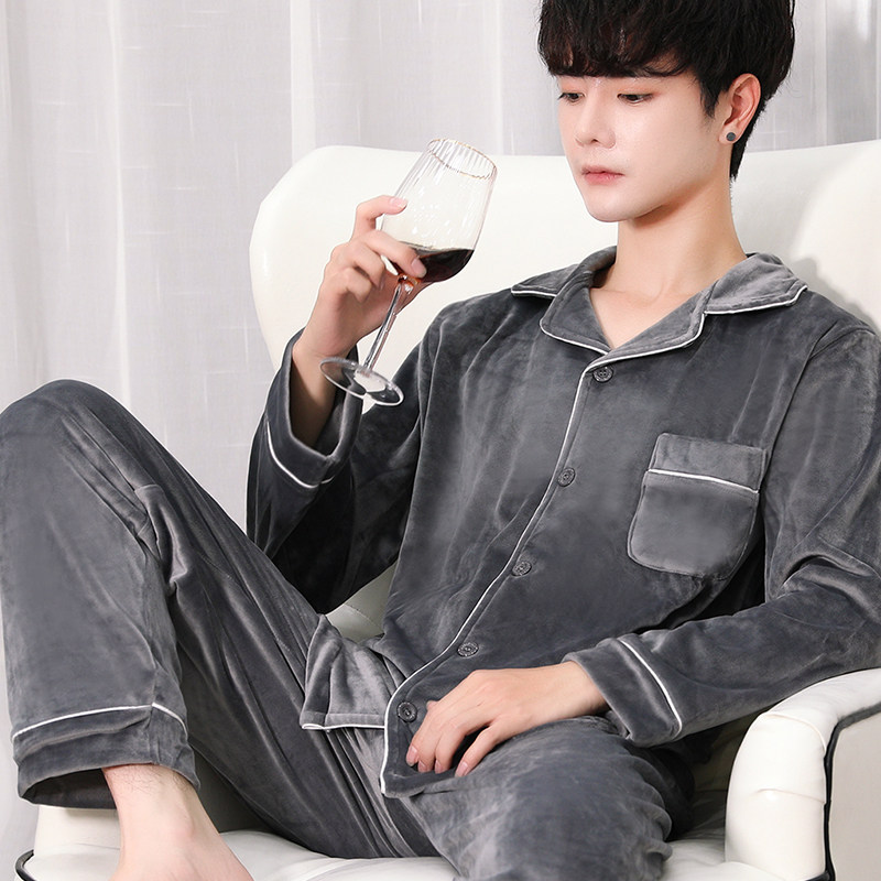 秋冬款男士春秋长袖海岛绒薄绒睡衣 淑女猫睡衣/家居服套装