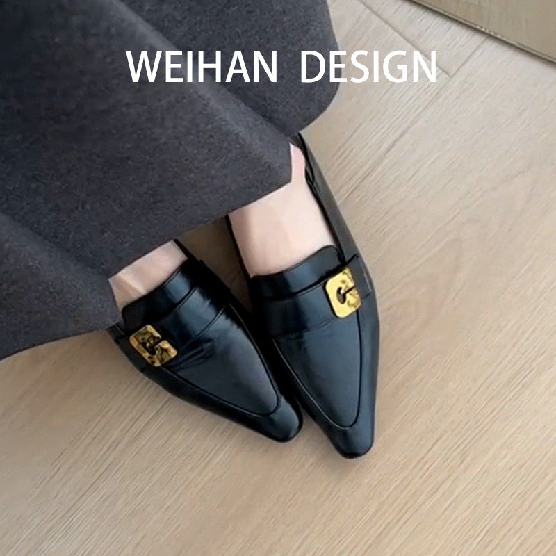 羊皮版~黑色加绒一脚蹬小皮鞋女春法式坡跟通勤小众方头浅口单鞋,淘宝优惠券,粉丝福利购,淘宝优惠卷