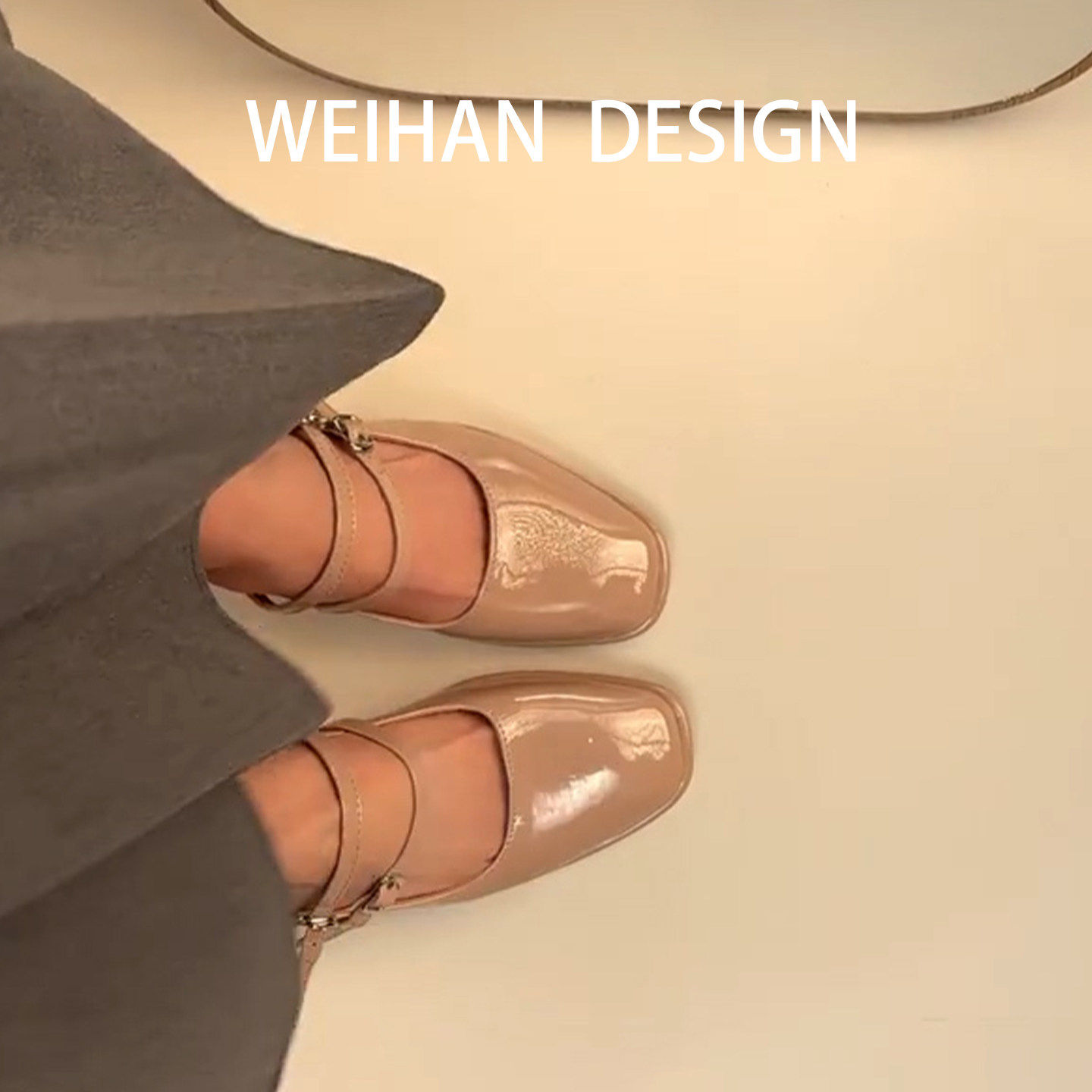 羊皮版！裸色方头玛丽珍单鞋女一字带温柔百搭漆皮粗跟气质高跟鞋,淘宝优惠券,粉丝福利购,淘宝优惠卷