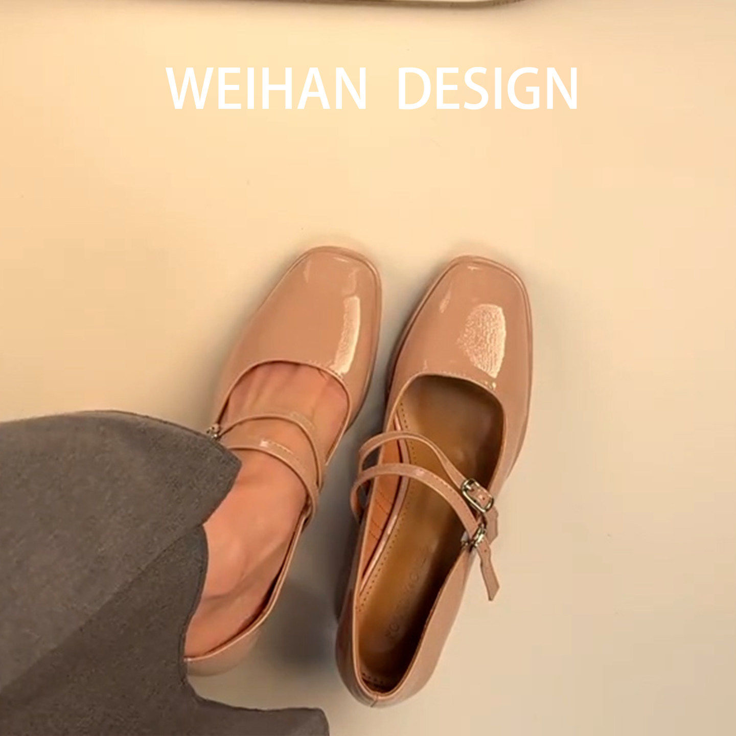 羊皮版！裸色方头玛丽珍单鞋女一字带温柔百搭漆皮粗跟气质高跟鞋,淘宝优惠券,粉丝福利购,淘宝优惠卷