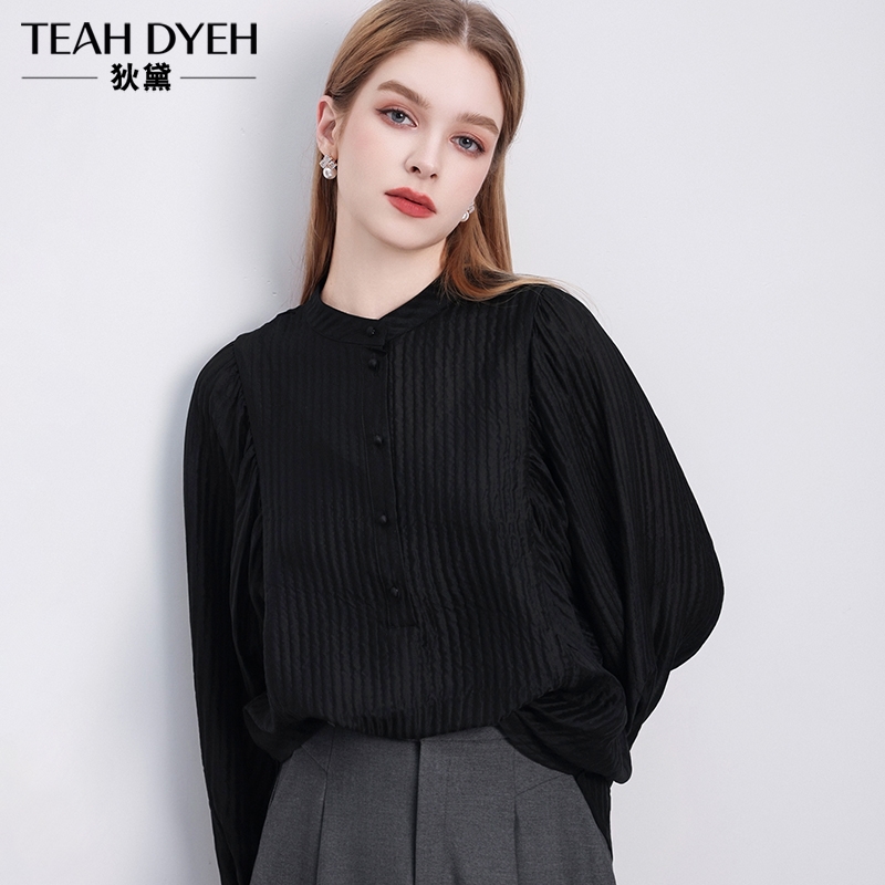 骨子里的贵气感~精致立领肌理感黑色灯笼长袖真丝衬衫桑蚕丝上衣 - 图1