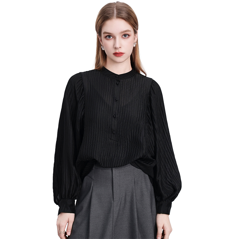 骨子里的贵气感~精致立领肌理感黑色灯笼长袖真丝衬衫桑蚕丝上衣 - 图3