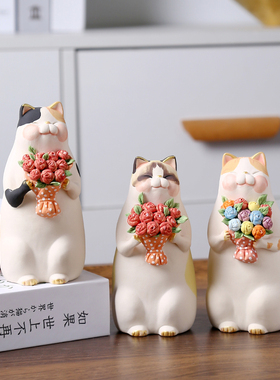 陶瓷原创手办玩潮可爱卡通捧花猫咪家居桌面小摆件七夕女生日礼物