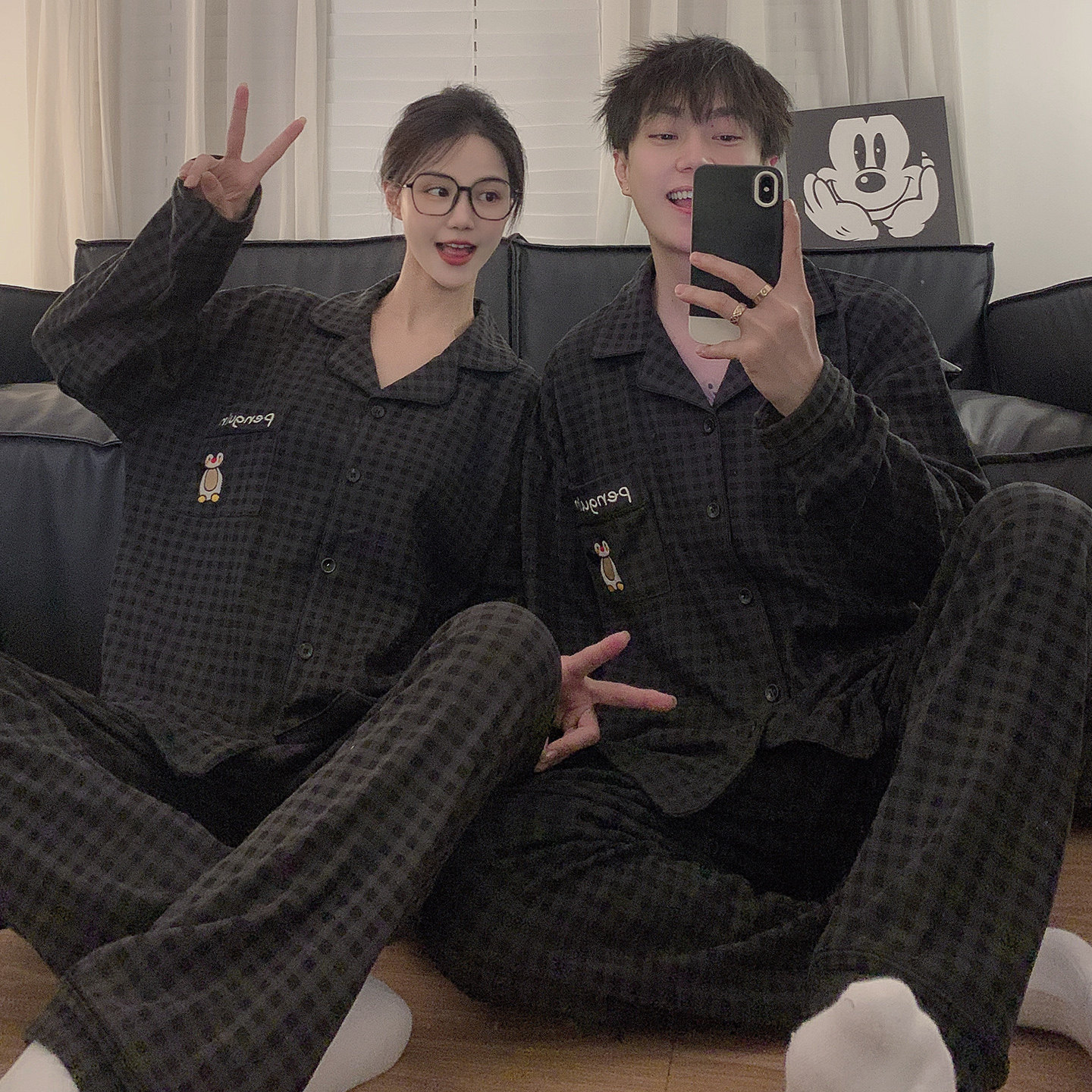 德绒企鹅情侣睡衣春秋冬季保暖长袖长裤格子薄绒男女款家居服套装,淘宝优惠券,粉丝福利购,淘宝优惠卷