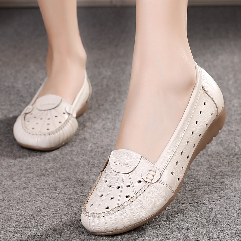 夏季妈妈鞋凉鞋女真皮平底洞洞鞋红色防滑软底中老年透气镂空皮鞋,淘宝优惠券,粉丝福利购,淘宝优惠卷