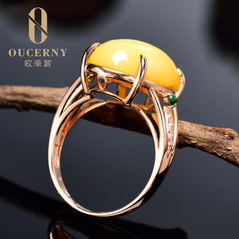 欧采妮18k玫瑰金天然满蜜蜜蜡戒指 oucerny欧采妮手饰