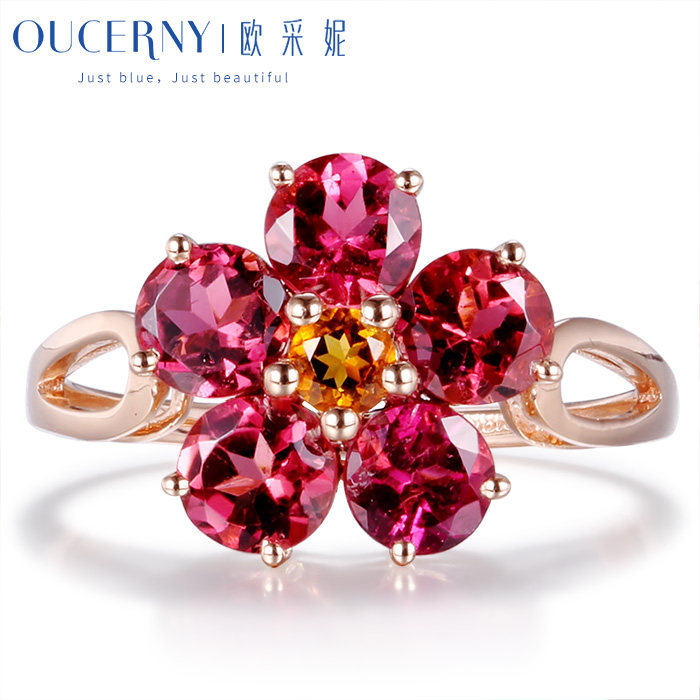 欧采妮红碧玺花瓣18k玫瑰金女戒 oucerny欧采妮手饰
