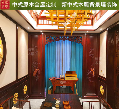 东阳木雕新中式电视背景墙挂件镂空雕花实木花格隔断原木全屋定制 - 图2