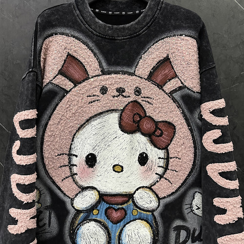 甜美可爱风卡通kt猫兔子圆领卫衣女2025春秋重工新款宽松休闲上衣 - 图1