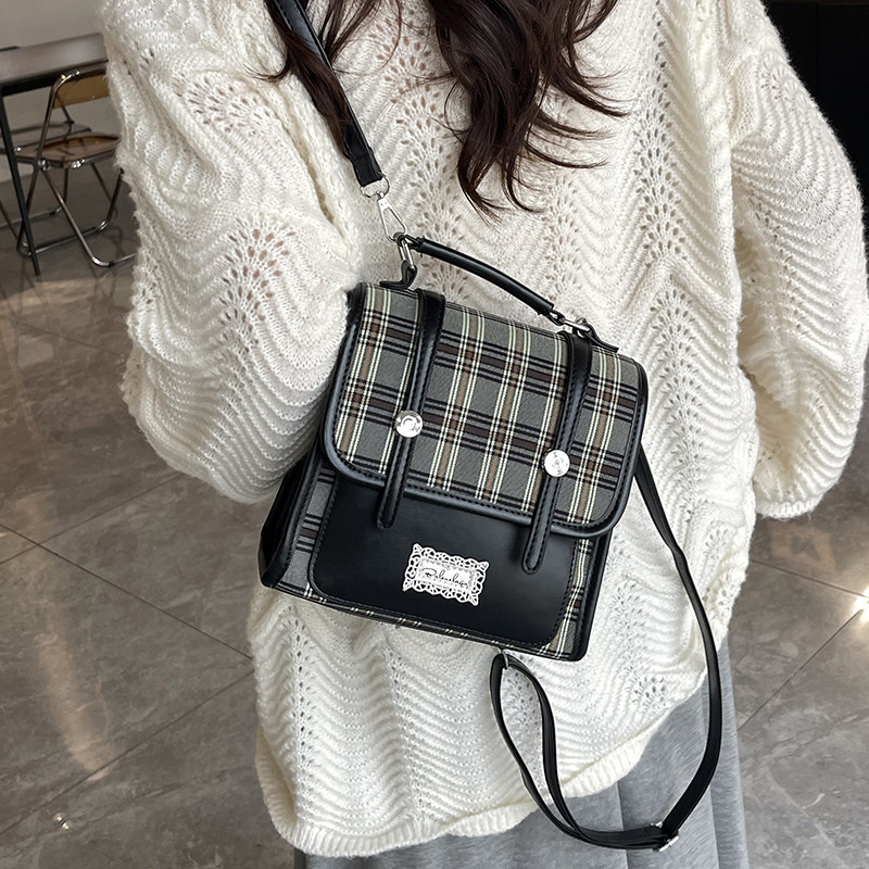 复古撞色格纹学院风包包女2025新款秋冬单肩包小众学生上课双肩包,淘宝优惠券,粉丝福利购,淘宝优惠卷