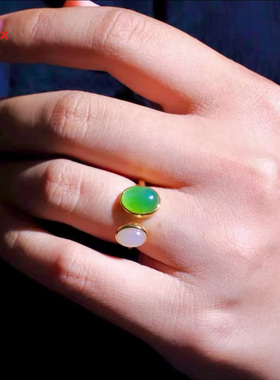 碧玉藕粉蛋面戒指s925银猫眼玉石手饰优雅时尚气质开口