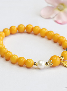 天然琥珀手串鸡油黄蜜蜡珍珠翡翠手串高端单圈真品男女士款