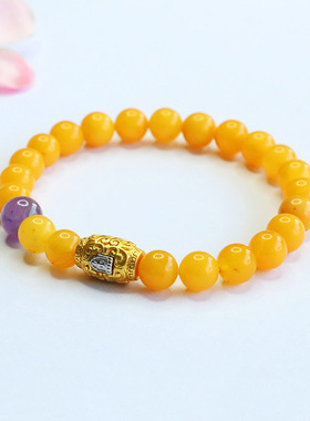 天然鸡油黄单圈蜜蜡手串正品女生款紫水晶琥珀手链男士