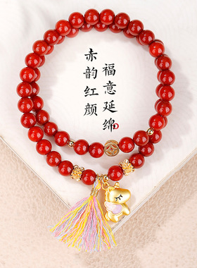 正品南红级玛瑙手链女生紫色小马流苏手串国风铜钱花珠双圈手饰