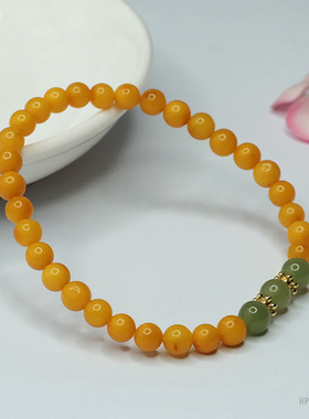 天然蜜蜡手链满蜜鸡油黄琥珀和田玉手串高端单圈真品男女士款