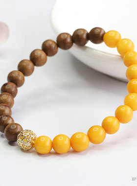 天然琥珀手串高端鸡油黄蜜蜡沉香手链古风女士款男真品单圈