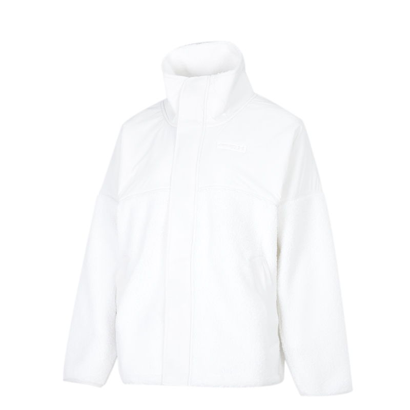 安德玛UA白色立领羊羔绒外套女子新款保暖休闲运动服宽松训练夹克