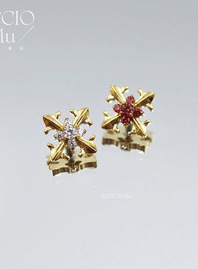 ACCIO&Mu镀金钛合金复古雕花十字锆石耳钉耳骨钉防过敏埋钉饰品