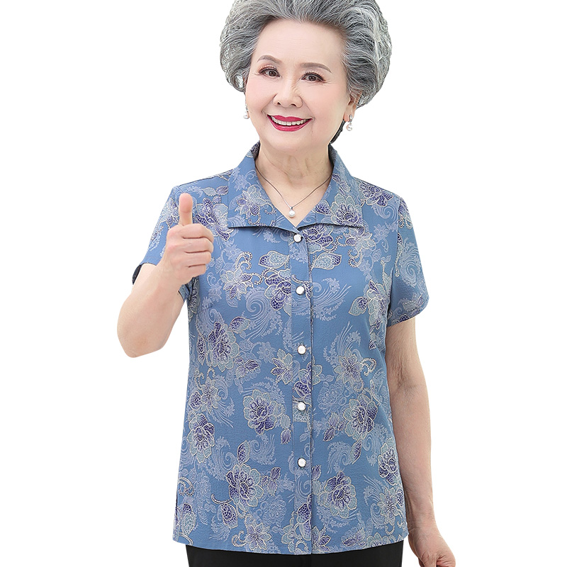 奶奶衬衫夏季妈妈装短袖上衣翻领70老太太衬衣服老年人女夏装套装 - 图3