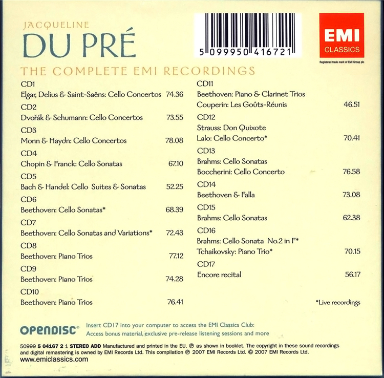 杜普蕾大提琴EMI录音全集 FLAC整轨17CD古典音乐无损音源 U112-图3