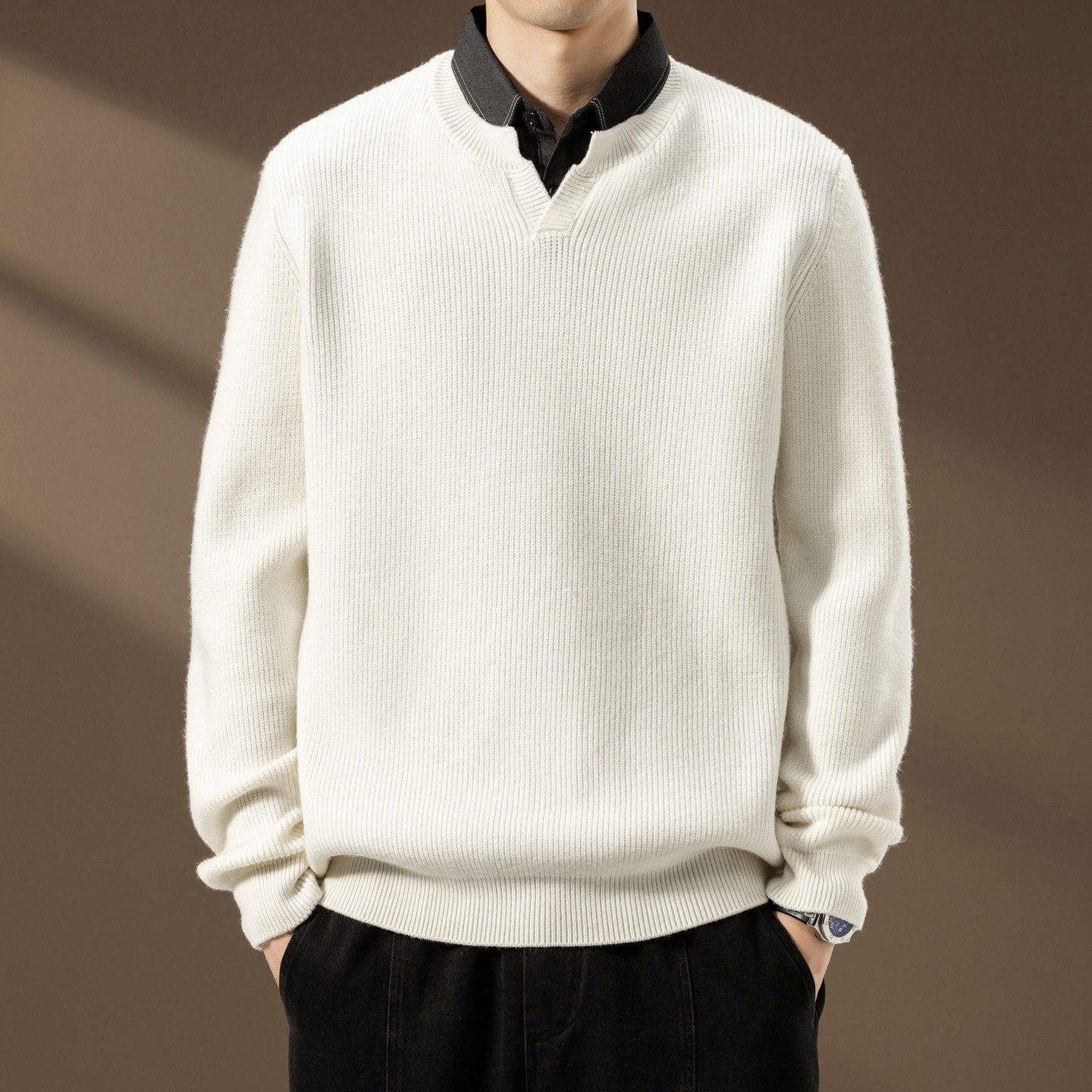 高端假两件毛衣男士秋冬季潮流宽松保暖保暖上衣衬衫领打底针织衫,淘宝优惠券,粉丝福利购,淘宝优惠卷