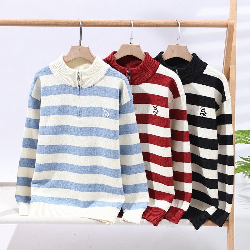 半拉链条纹潮牌宽松毛衣男士秋冬季2025新款加厚半高领针织打底衫,淘宝优惠券,粉丝福利购,淘宝优惠卷