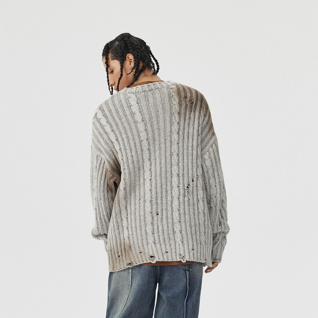 APYD retro ripped round neck rope sweater men's old spray color loose pullover knit sweater