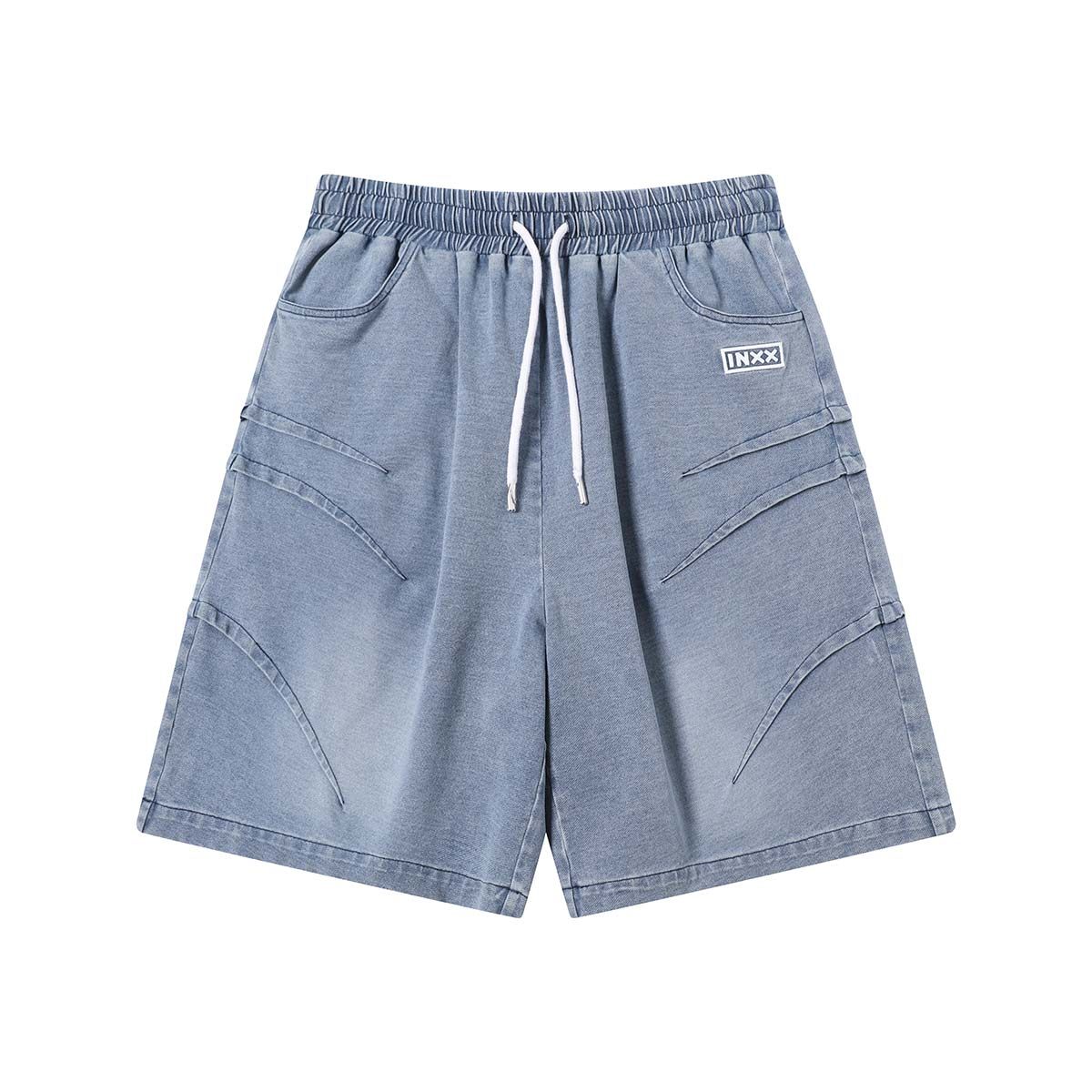 INXX街头风休闲仿牛仔短裤潮牌叠褶工艺阔腿直筒裤男女同款,淘宝优惠券,粉丝福利购,淘宝优惠卷