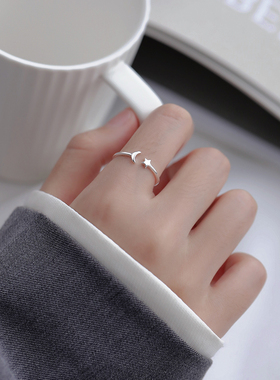 925纯银星星月亮戒指女夏小众设计指环简约开口食指戒