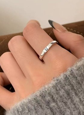 925银笑脸戒指小众设计素圈食指戒轻奢高级感女开口戒