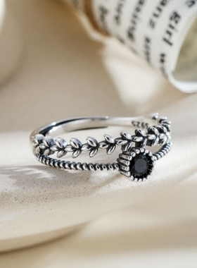 黑色锆石戒指女设计小众纯银925戒指女时尚个性食指戒指女ins潮