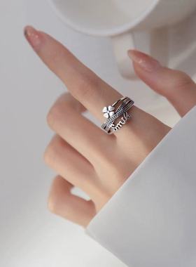 925银戒指女四瓣花英文交叉复古做旧简约时尚气质个性食指环夏