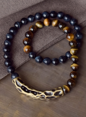 卓岸林原创复古黄蓝虎眼石双层手链男 个性混搭珠子双圈手串中性