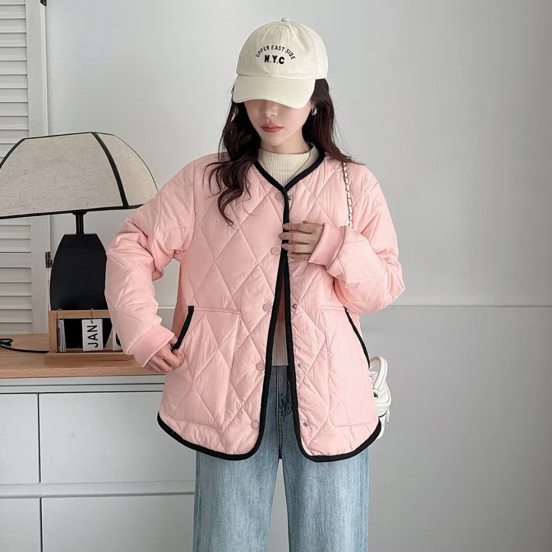 大码女装菱格纹棉服胖mm宽松显瘦POLO领百搭轻薄棉衣外套,淘宝优惠券,粉丝福利购,淘宝优惠卷