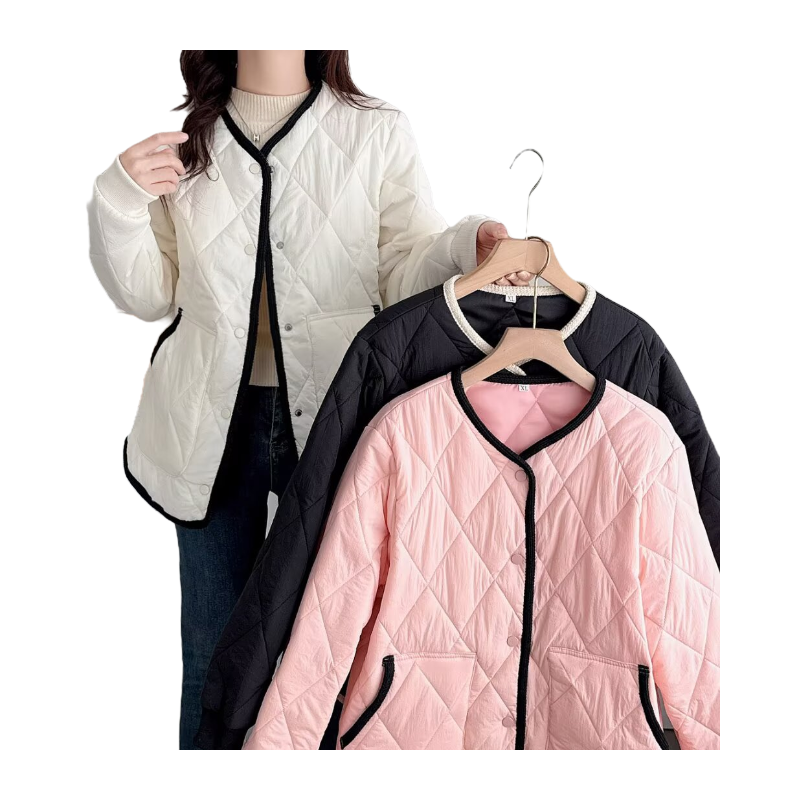 大码女装菱格纹棉服胖mm宽松显瘦POLO领百搭轻薄棉衣外套,淘宝优惠券,粉丝福利购,淘宝优惠卷