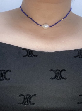 进口澳白珍珠单颗组合沙金球克莱茵蓝尖晶石女士锁骨链颈部饰品