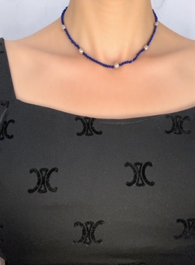克莱菌蓝尖晶石天然真珍珠沙金融合设计女士颈链毛衣链choker