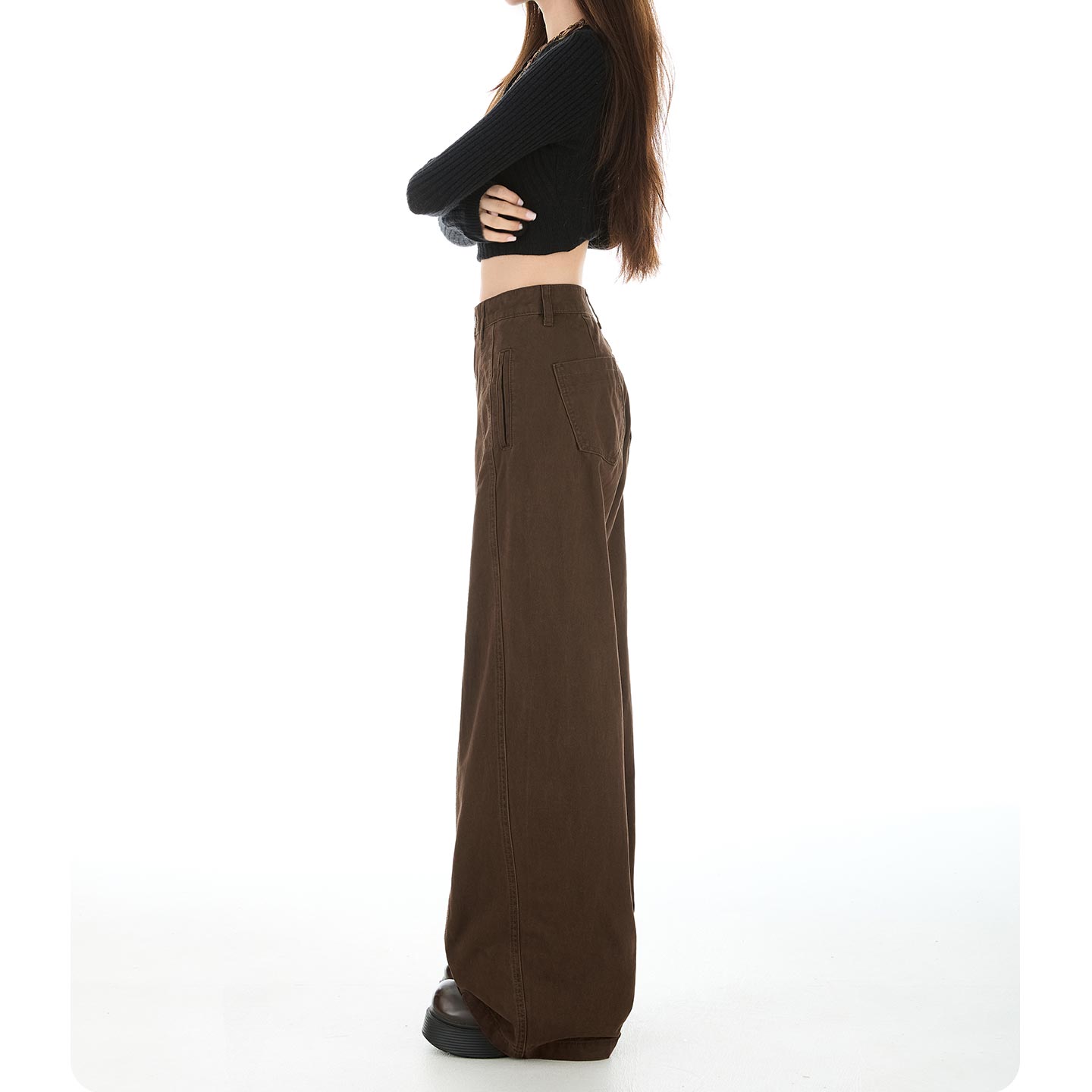 拉夏贝尔咖色阔腿裤牛仔裤女秋冬2025年新款宽松小个子直筒拖地裤 - 图0