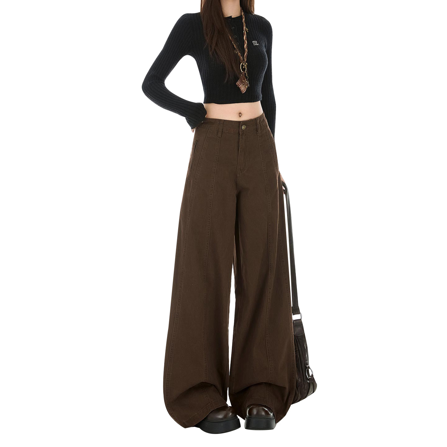 拉夏贝尔咖色阔腿裤牛仔裤女秋冬2025年新款宽松小个子直筒拖地裤 - 图3