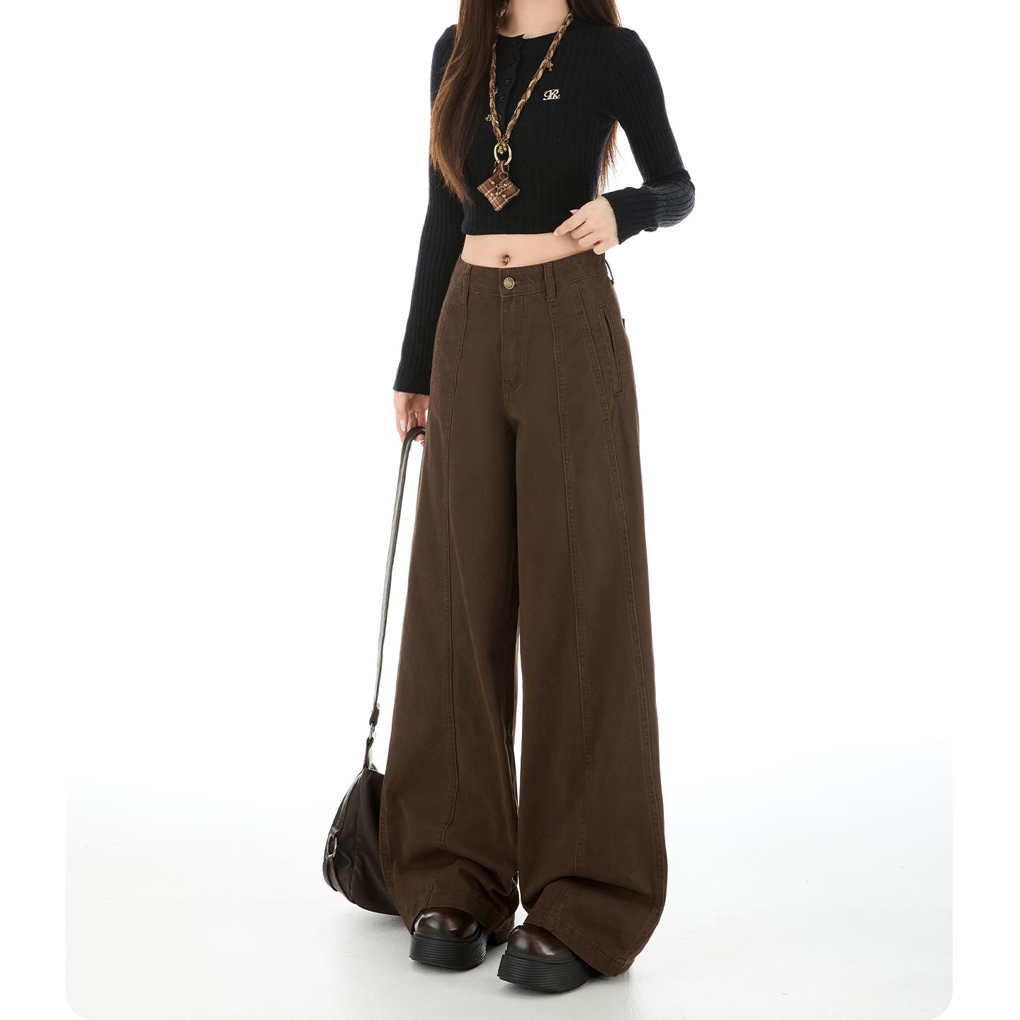 拉夏贝尔咖色阔腿裤牛仔裤女秋冬2025年新款宽松小个子直筒拖地裤 - 图2