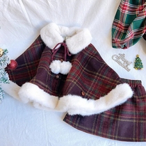 Girl Christmas Red Plaid Hair Cape Hood Short Coat 2023 Female Baby Winter New Coat Half Dress Two-piece Set