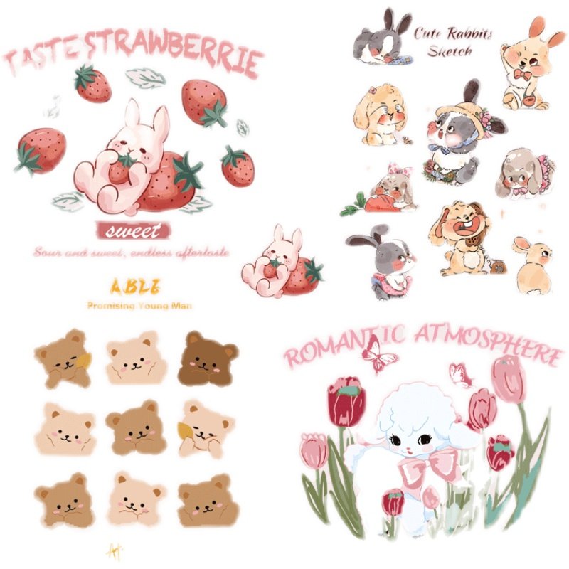 卡通小熊九格画风花卉小羊兔热转印女装T恤印花图案冷撕环保烫画,淘宝优惠券,粉丝福利购,淘宝优惠卷