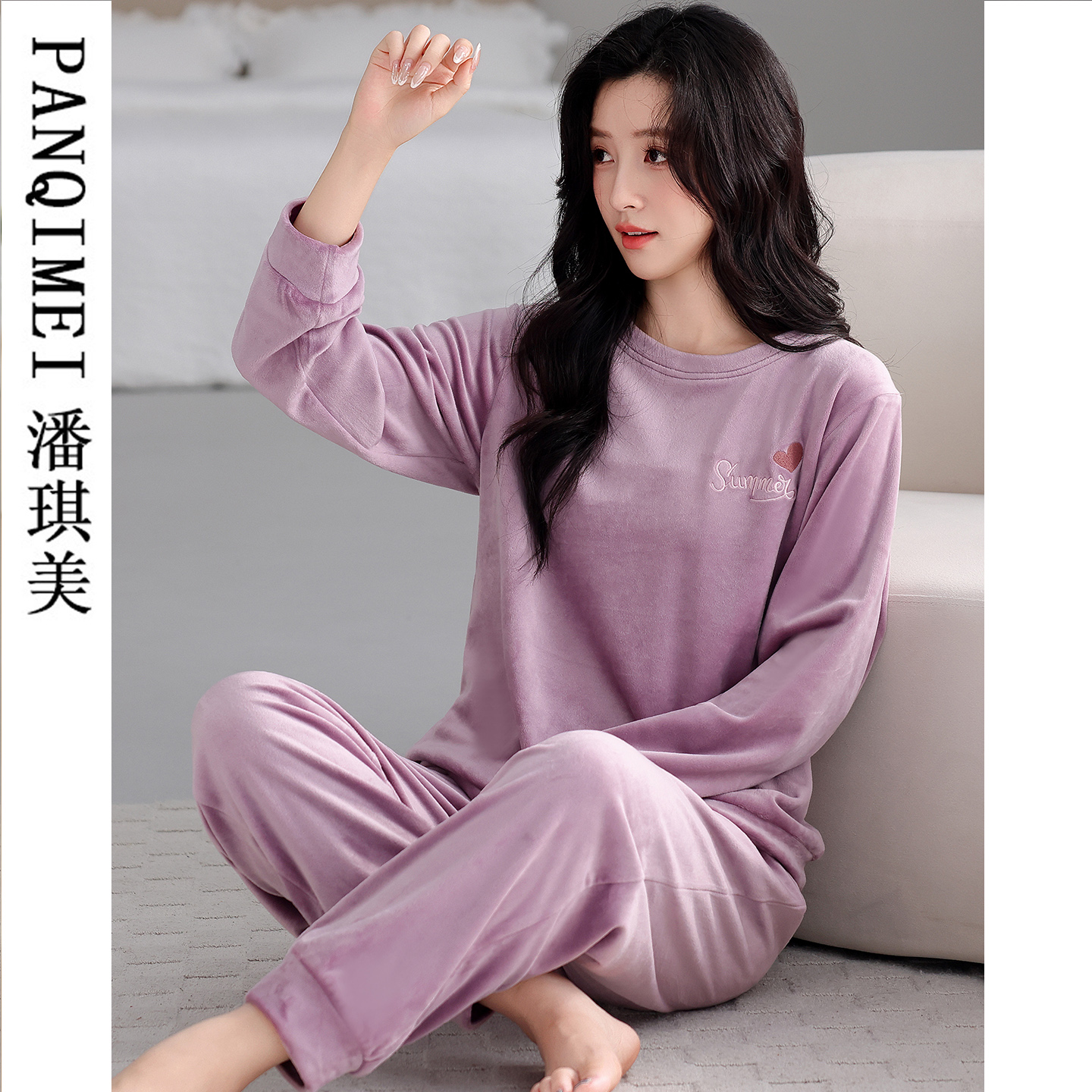 海岛绒睡衣女秋冬季套头薄绒可外穿加绒运动中年春秋珊瑚绒家居服 - 图0